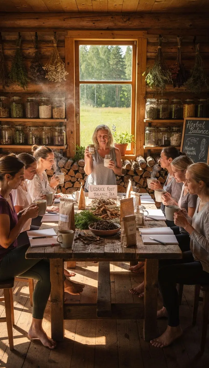 Žolelių mišinys, sudarytas iš saldymedžio ir kitų natūralių ingredientų, pavaizduotas ant medinio stalo.
